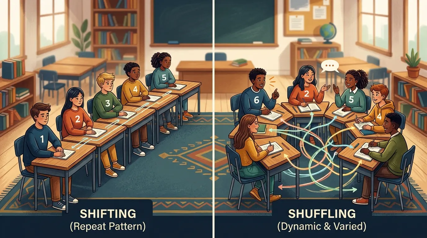 Illustration of a classroom seating chart with student icons being shuffled into new random positions