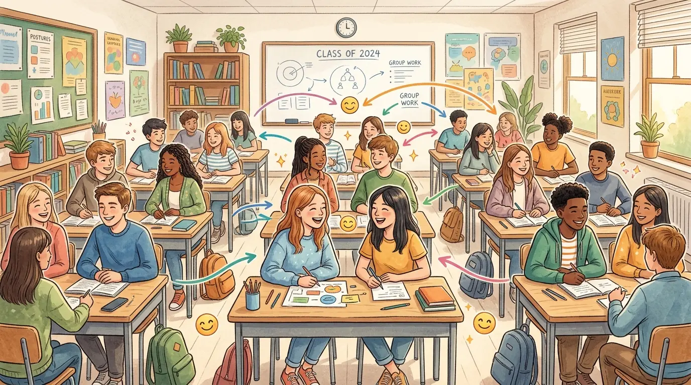 Illustration of a classroom seating chart showing two students who were previously seated apart now placed side by side, representing a new friendship formed through assigned seating