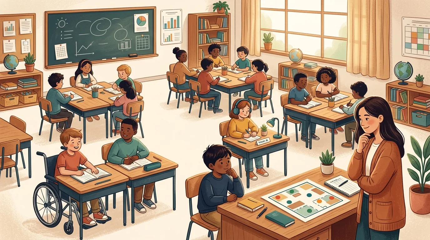 Illustration of a sunny classroom where a boy in a wheelchair works at a desk beside a classmate, a girl in headphones writes at a desk with its own lamp, and the teacher looks over a color-coded seating plan on her desk