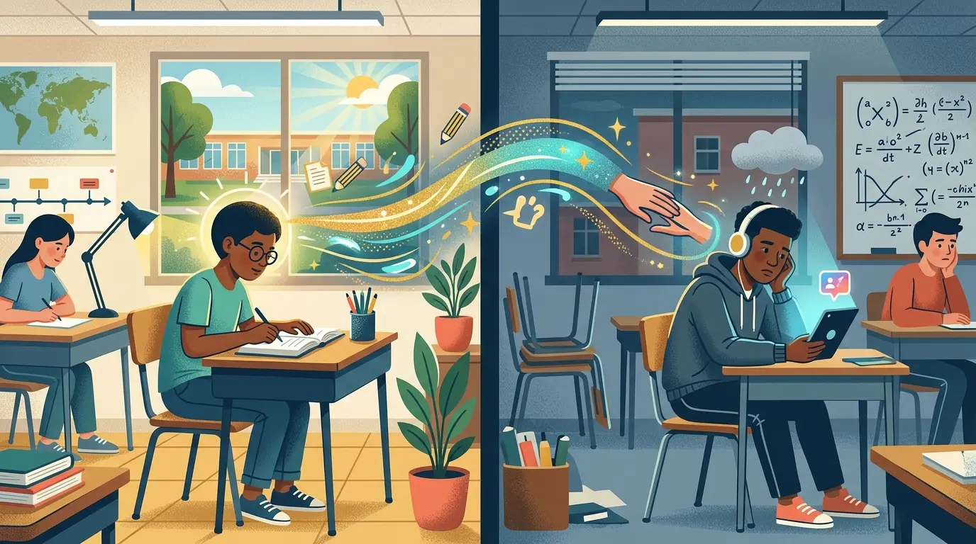 Illustration of a classroom seating chart with one disengaged student and the neighboring desks shaded to show how inattention spreads sideways