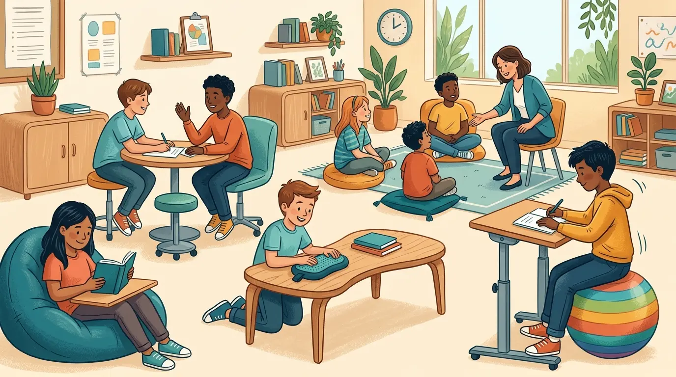 Illustration of an elementary classroom desk positioned away from a window and a door, near the teacher's desk and a calm neighbor, for a student with ADHD