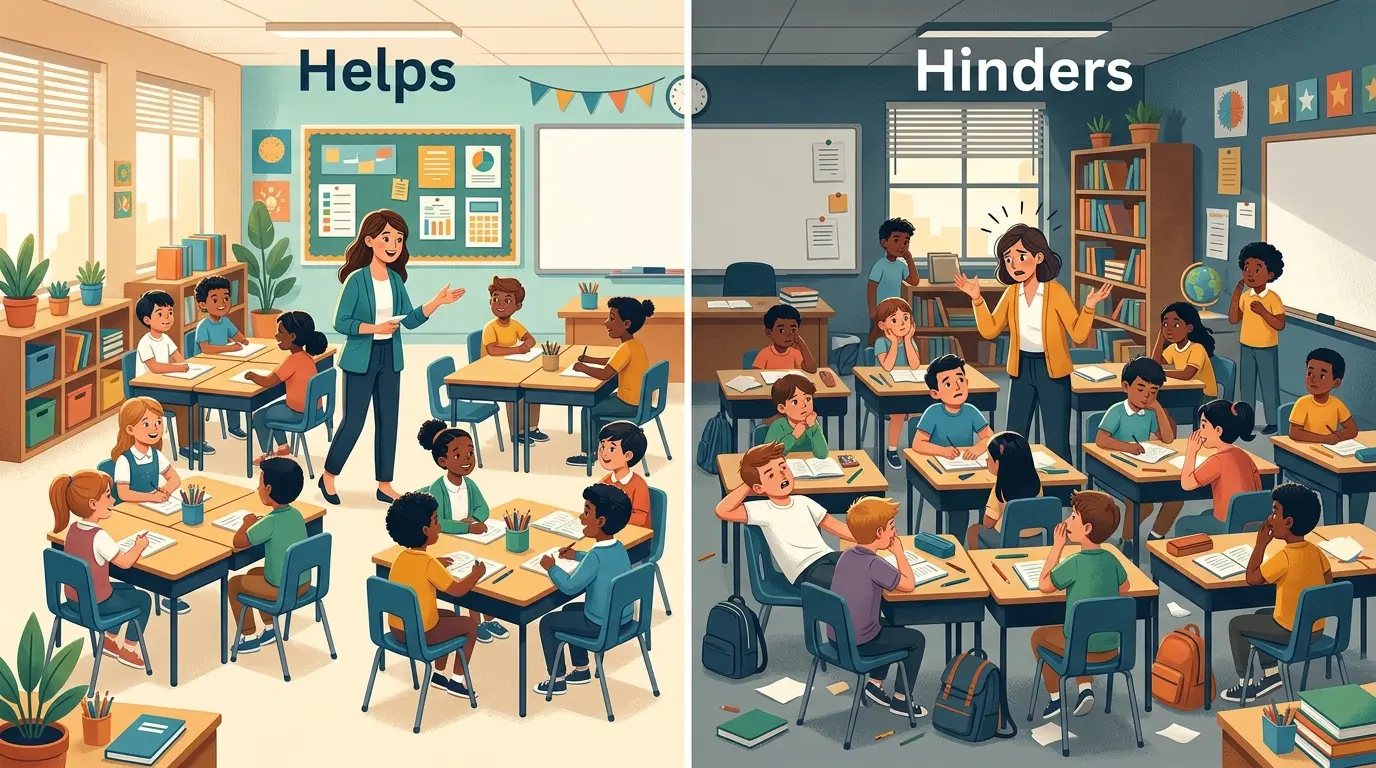 Illustration of an elementary classroom seating chart with a teacher's line of sight highlighted across the desks