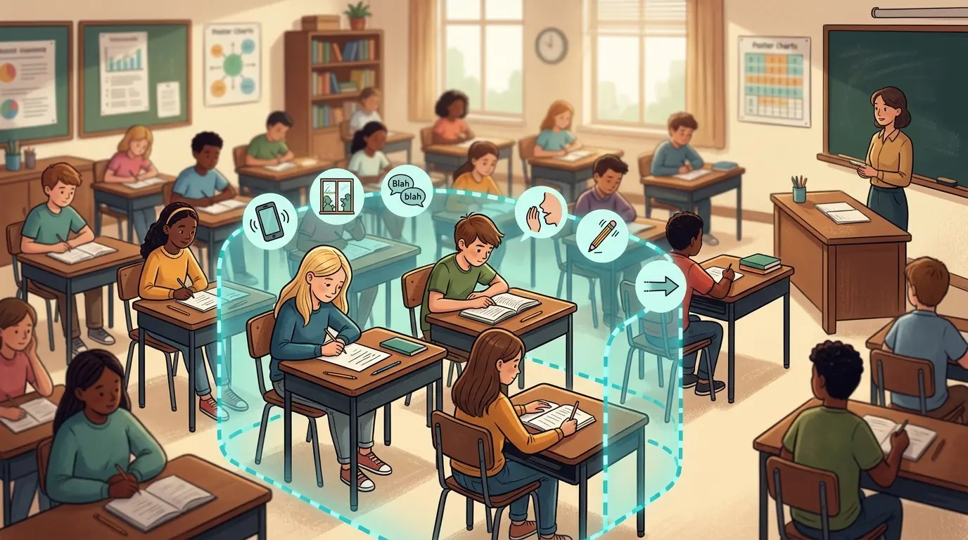 Illustration of a student's desk with a dotted perimeter line marking the zone of sound, motion, and visual clutter around it