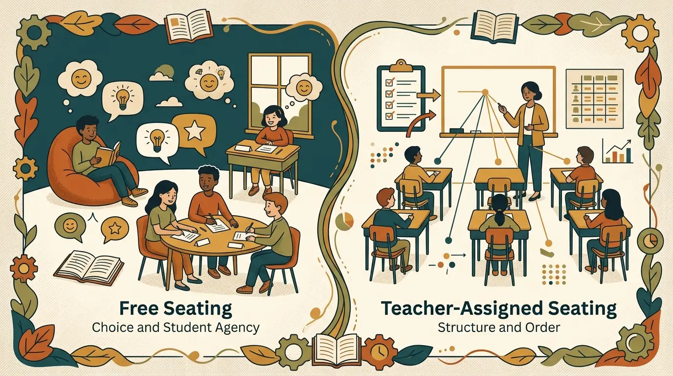 Illustration showing a classroom from above, with some seats labeled with student names and others left open with question marks, representing the choice between assigned and free seating