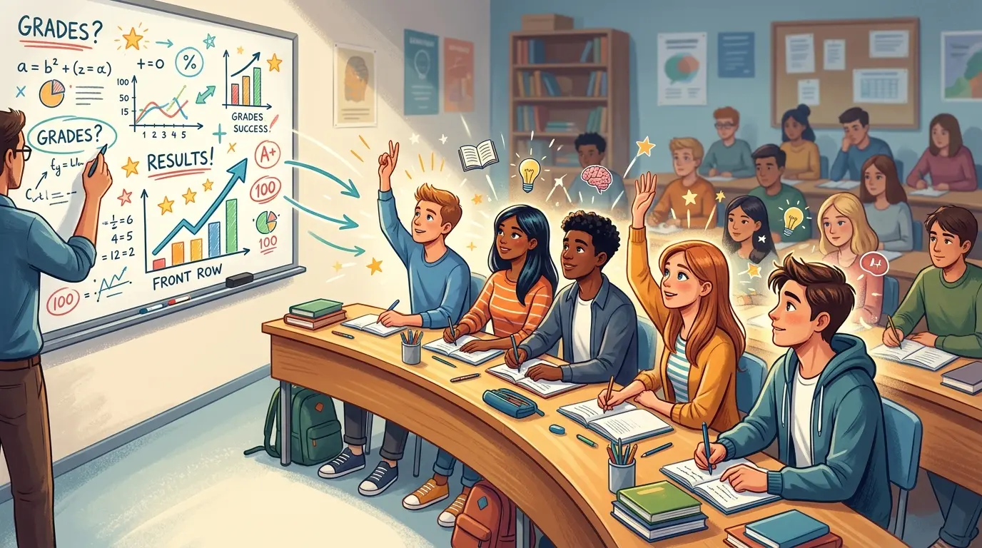 Illustration of a classroom in rows with the front-center seats highlighted to show the teacher's action zone