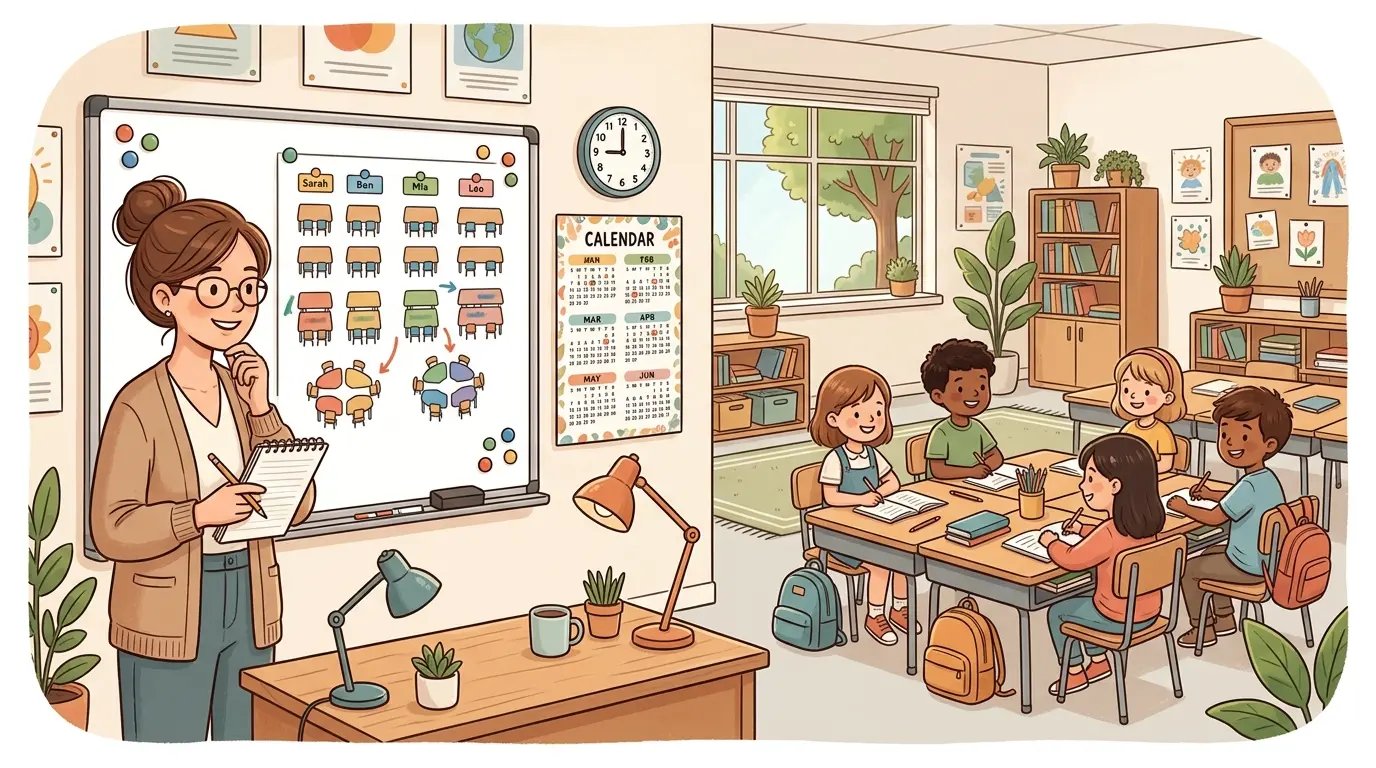 Illustration of a classroom seating chart being redrawn, with some students moving to new desks while a calendar showing roughly ten weeks sits nearby