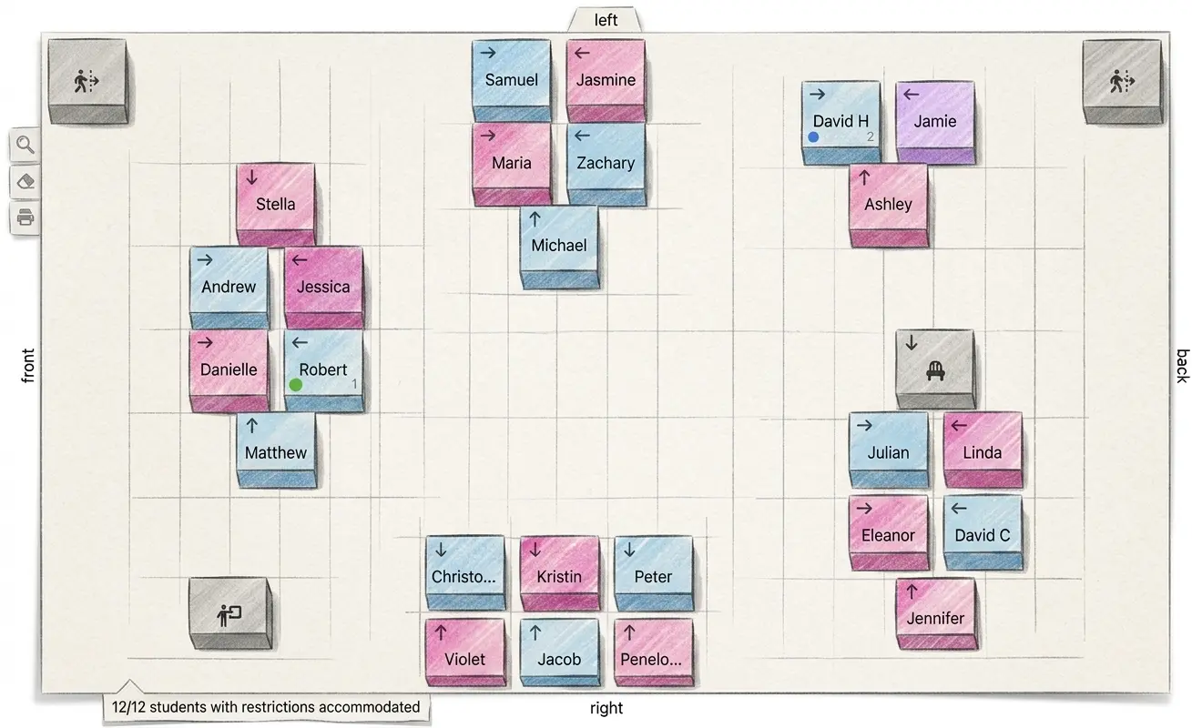 Illustration of a classroom seating chart with color-coded student tiles arranged in a grid