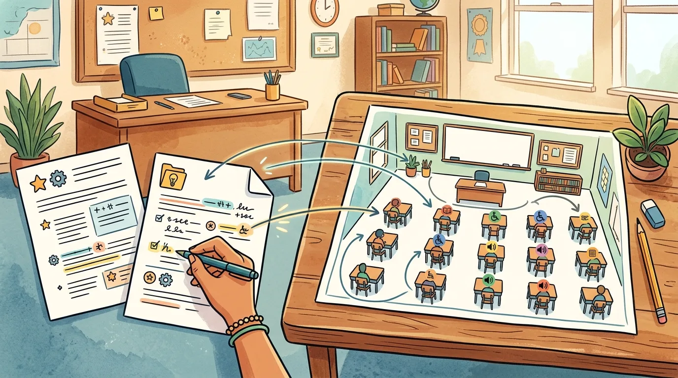 Illustration of a teacher's hand marking highlighted lines on student plan pages, with curved arrows connecting those lines to specific desks on a classroom seating map spread across a wooden table, where some desks carry small accommodation icons
