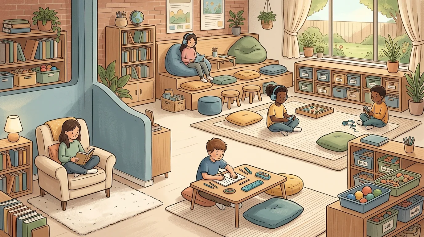 Illustration of a classroom divided into calm zones: a girl reading in an armchair tucked behind a low partition, children wearing headphones in a raised reading nook and on a rug, and a boy working at a low table beside bins of sensory tools