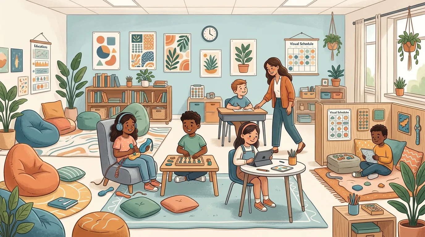 Illustration of a bright classroom with beanbags and floor cushions along one side, a girl wearing headphones in an armchair, students working at low tables, a teacher checking in with a student at his desk, and a boy reading in a partitioned quiet nook beneath a visual schedule