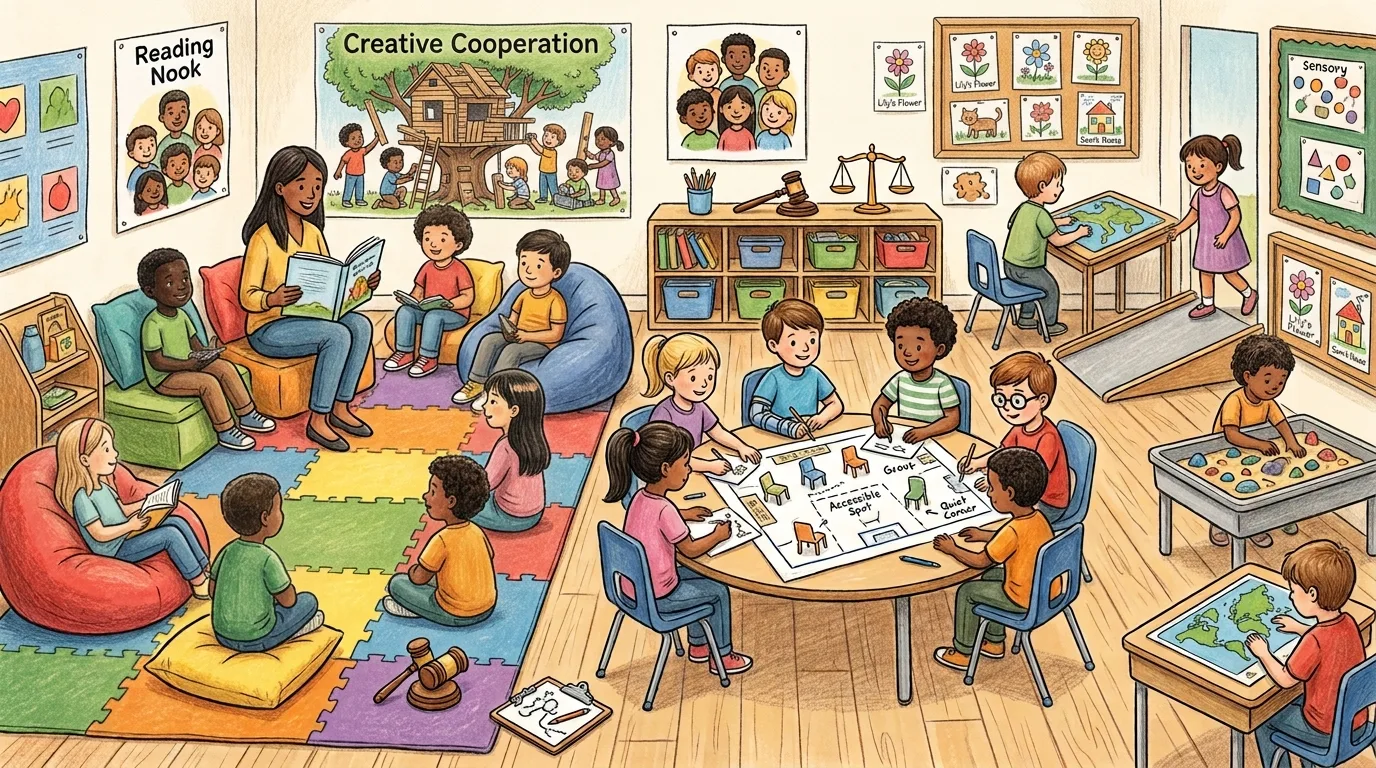 Illustration of a busy elementary classroom where students around a table sketch a seating plan with an accessible spot and a quiet corner marked, a teacher reads with children on a rug nearby, and a gavel and scales of justice sit on a shelf