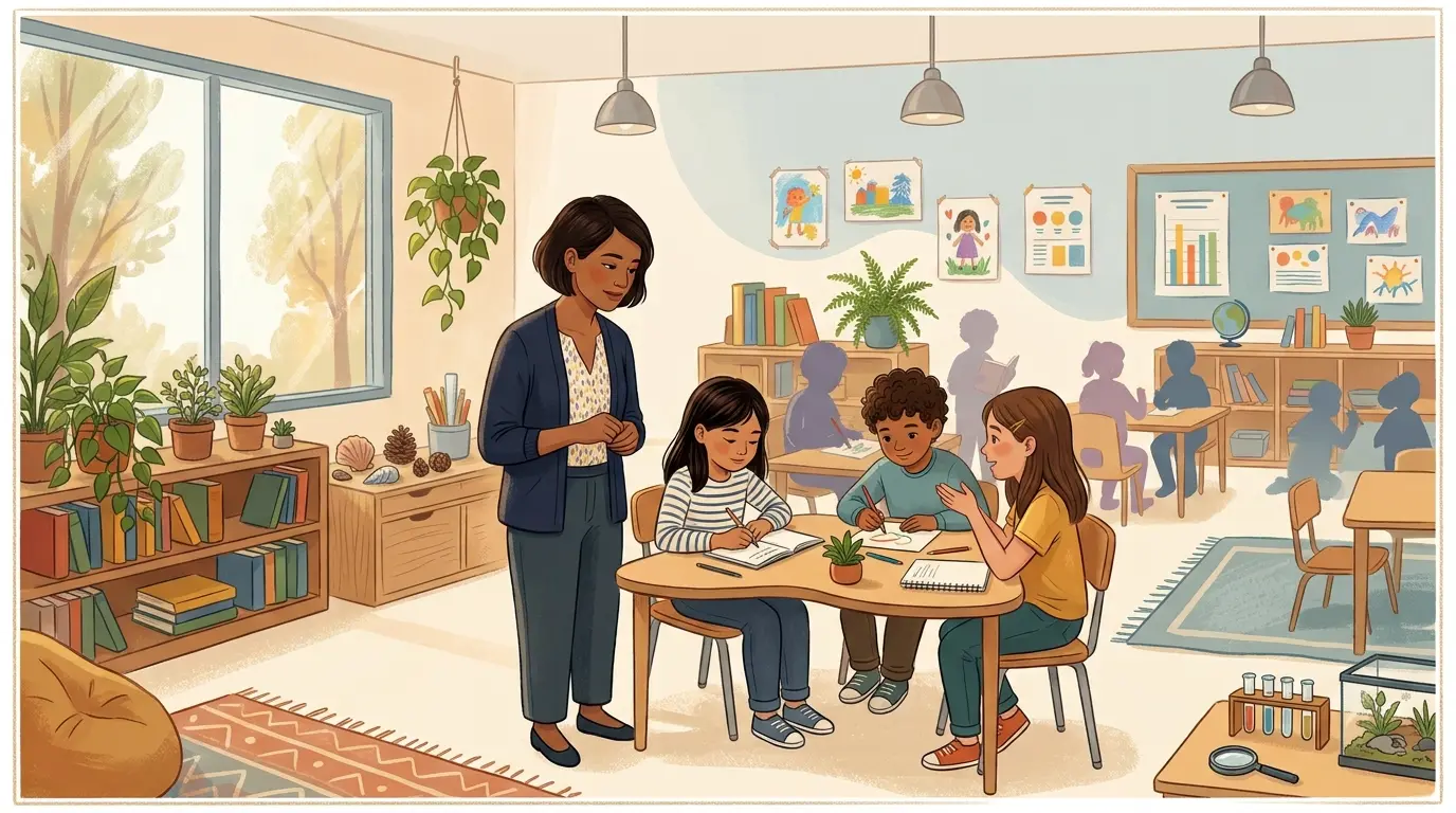 Illustration of a teacher walking between rows of elementary school desks, moving close to one student