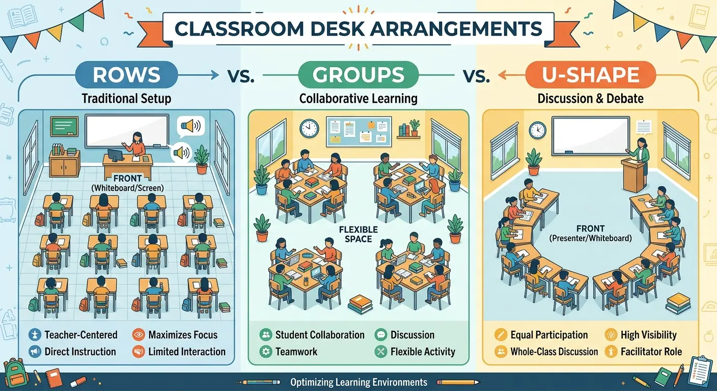 Illustration showing three classroom seating arrangements side by side: rows, group clusters, and a U-shape