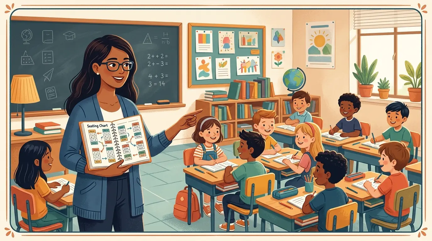 Illustration of a teacher arranging a classroom seating chart with student desks