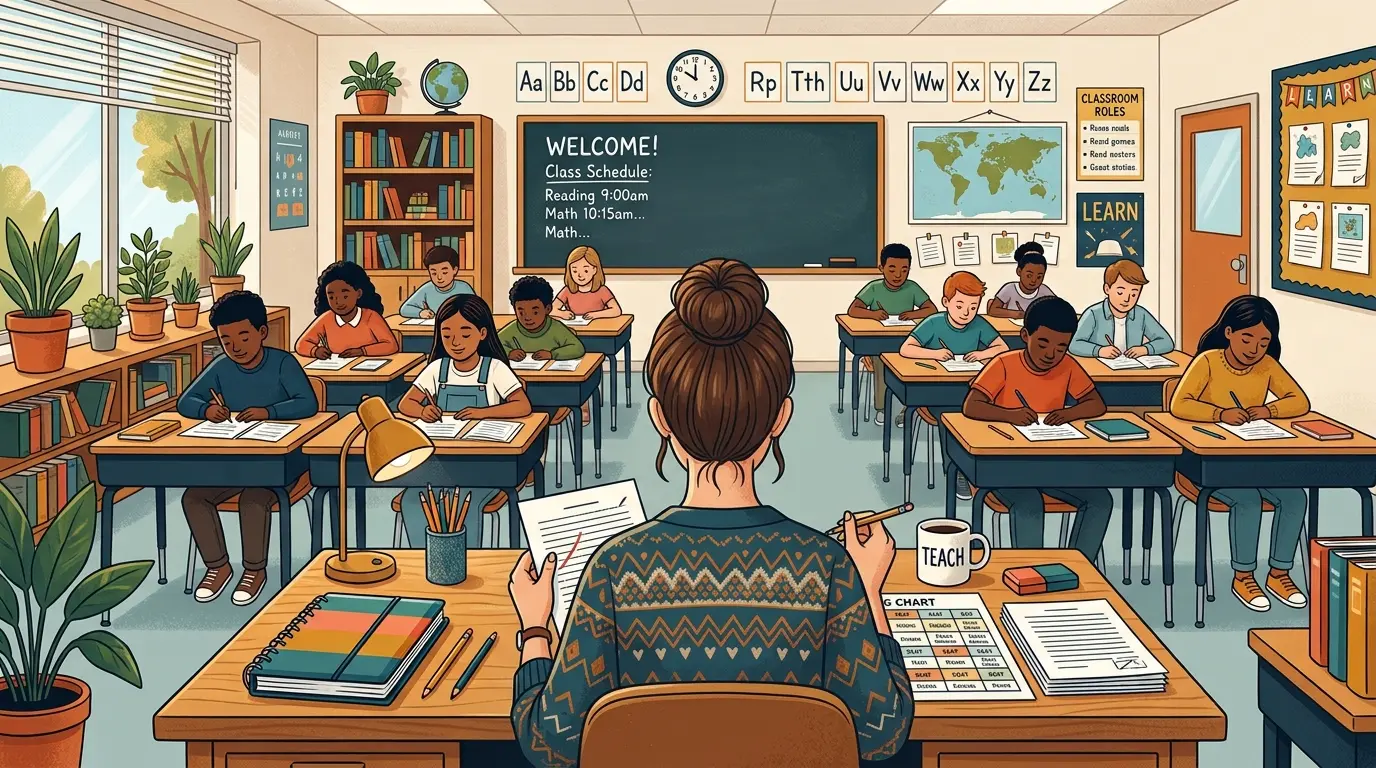 Illustration of a substitute teacher looking at a labeled seating chart while standing in front of an elementary classroom
