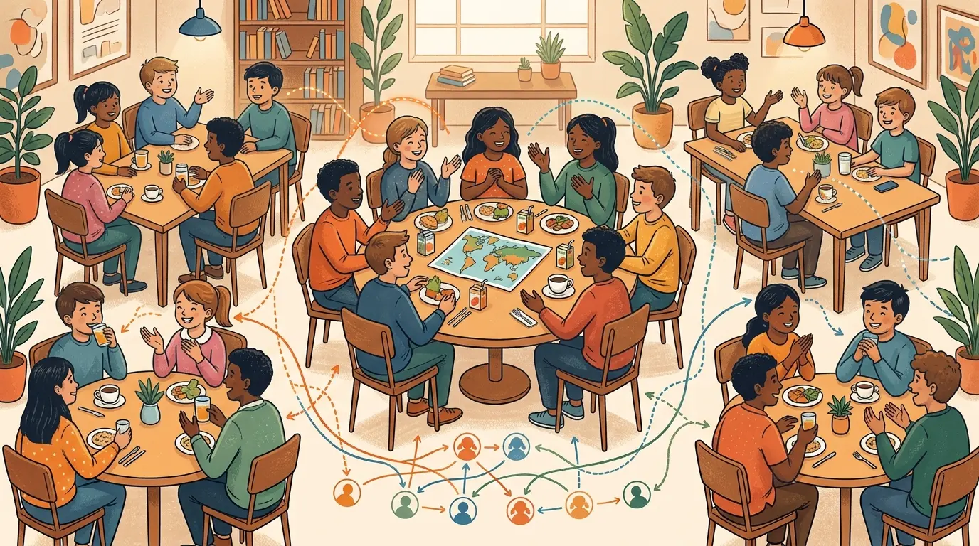 Illustration of an elementary classroom seating chart with students from different backgrounds seated together