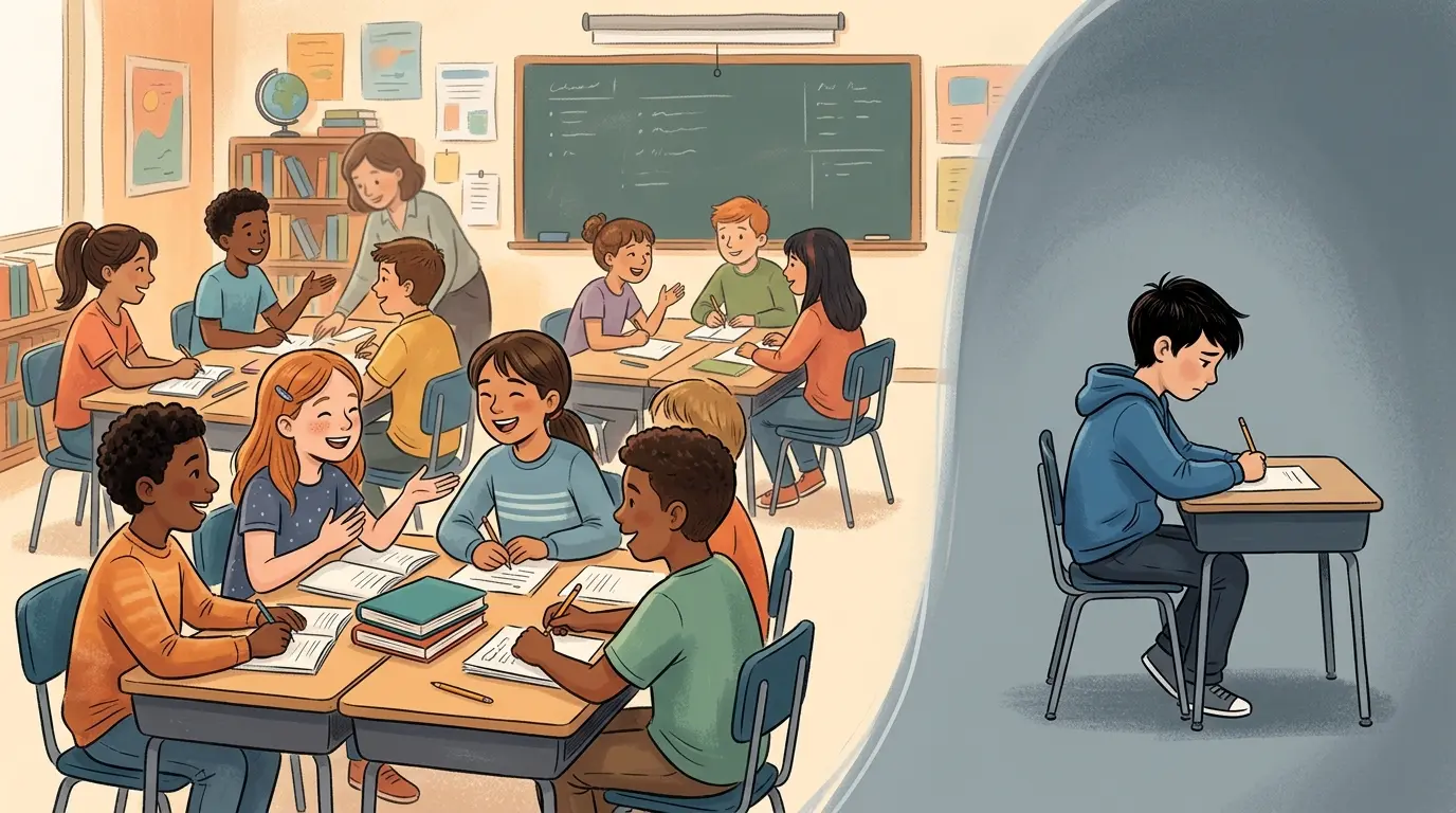 Illustration of an elementary classroom seating chart with one student's desk set apart from the rest of the group