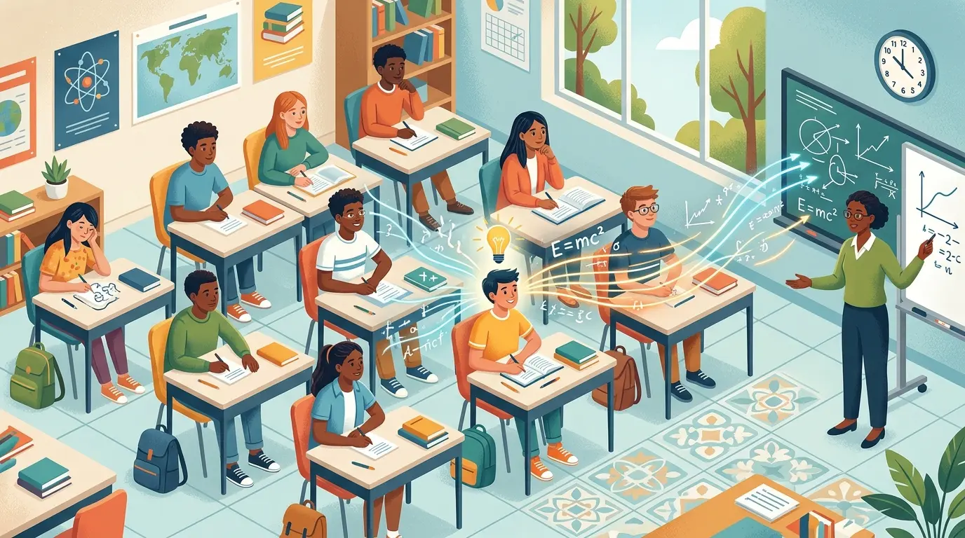 Illustration of a classroom showing students in various seating positions, with visual indicators highlighting the front-center action zone