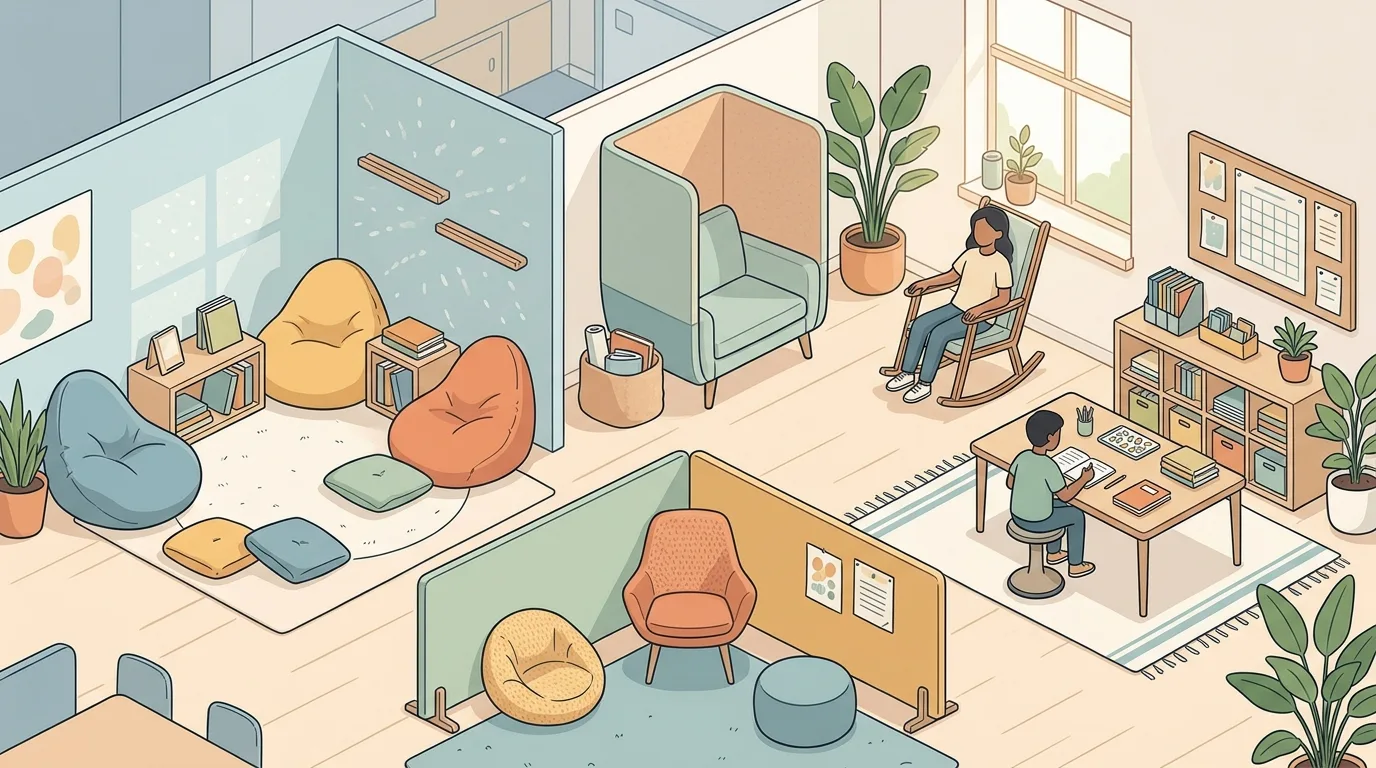 Illustration of a single desk in a quiet classroom corner facing a plain wall, away from a busy bulletin board and overhead lighting