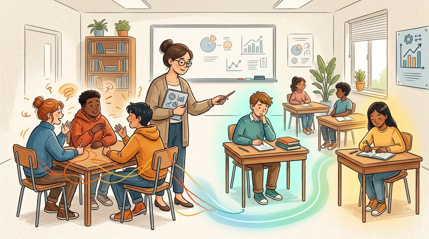 Illustration of two students seated far apart in a classroom, on opposite sides of a grid of desks