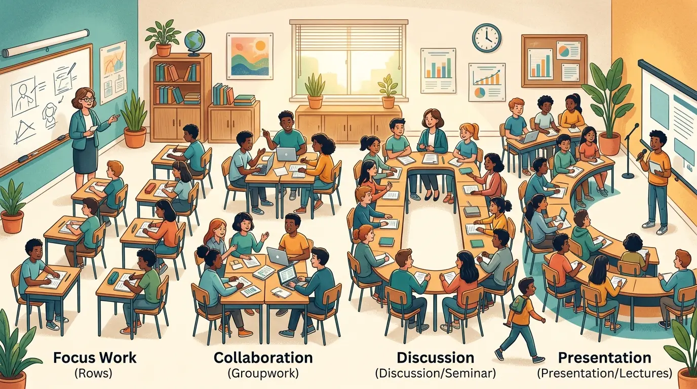 Illustration of a classroom shifting between rows, a circle, and small group clusters depending on the lesson