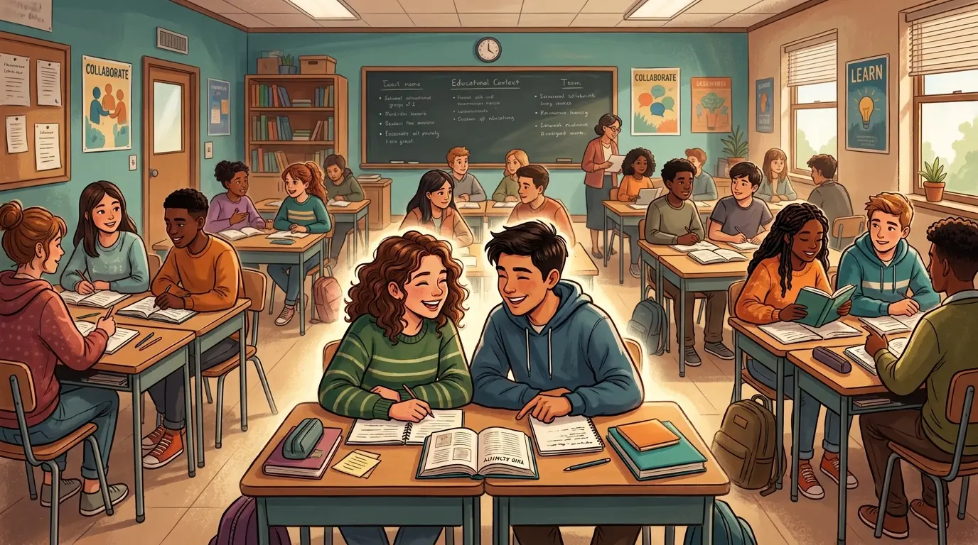 Illustration of two elementary school desks pushed close together, with two small figures becoming friends