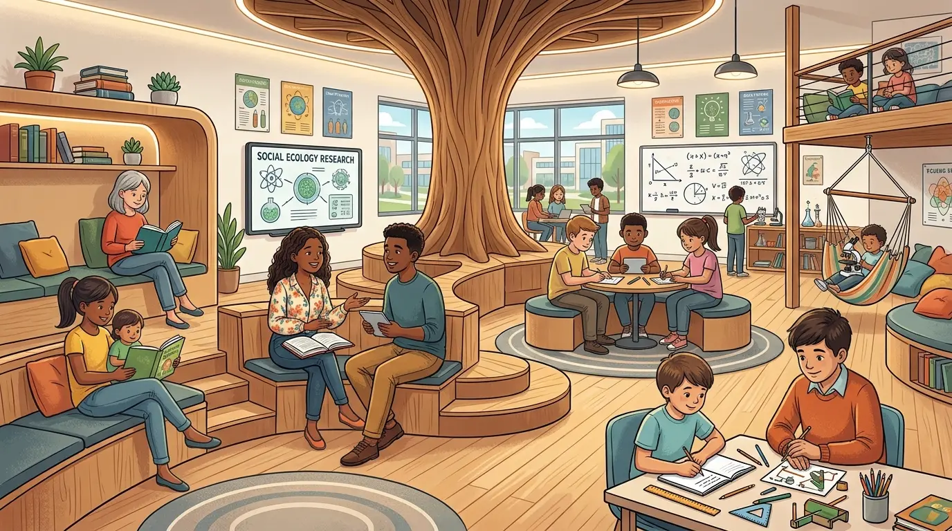 Illustration of a classroom seating chart with one student's desk connected by a line to a small cluster of classmates instead of sitting apart at the edge of the room