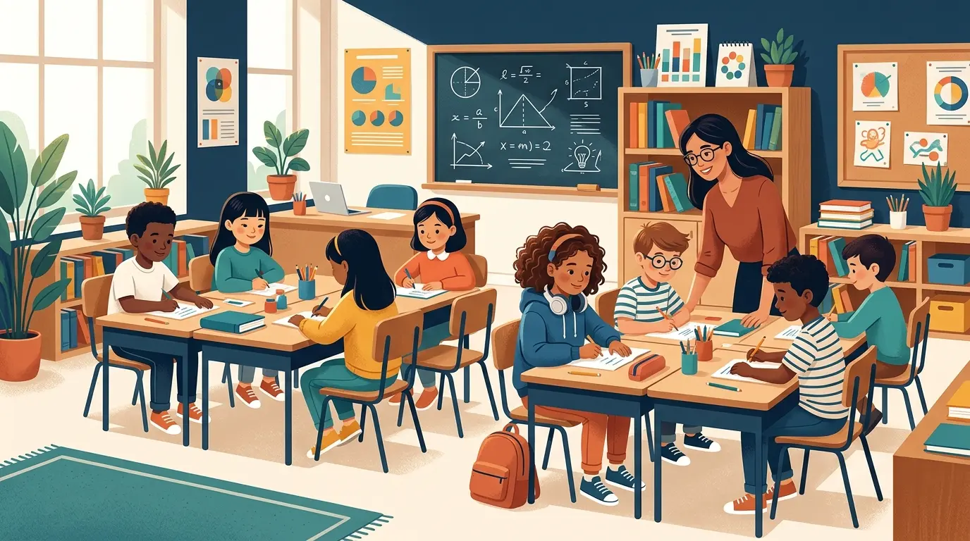 Illustration of a classroom seating chart highlighting one student's seat placed near the teacher, away from the door and window, with a supportive peer seated beside them